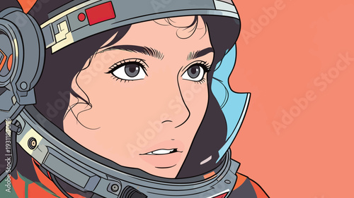 A woman wears a space suit and helmet while staring forward. The background is a soft orange color. The scene suggests exploration.