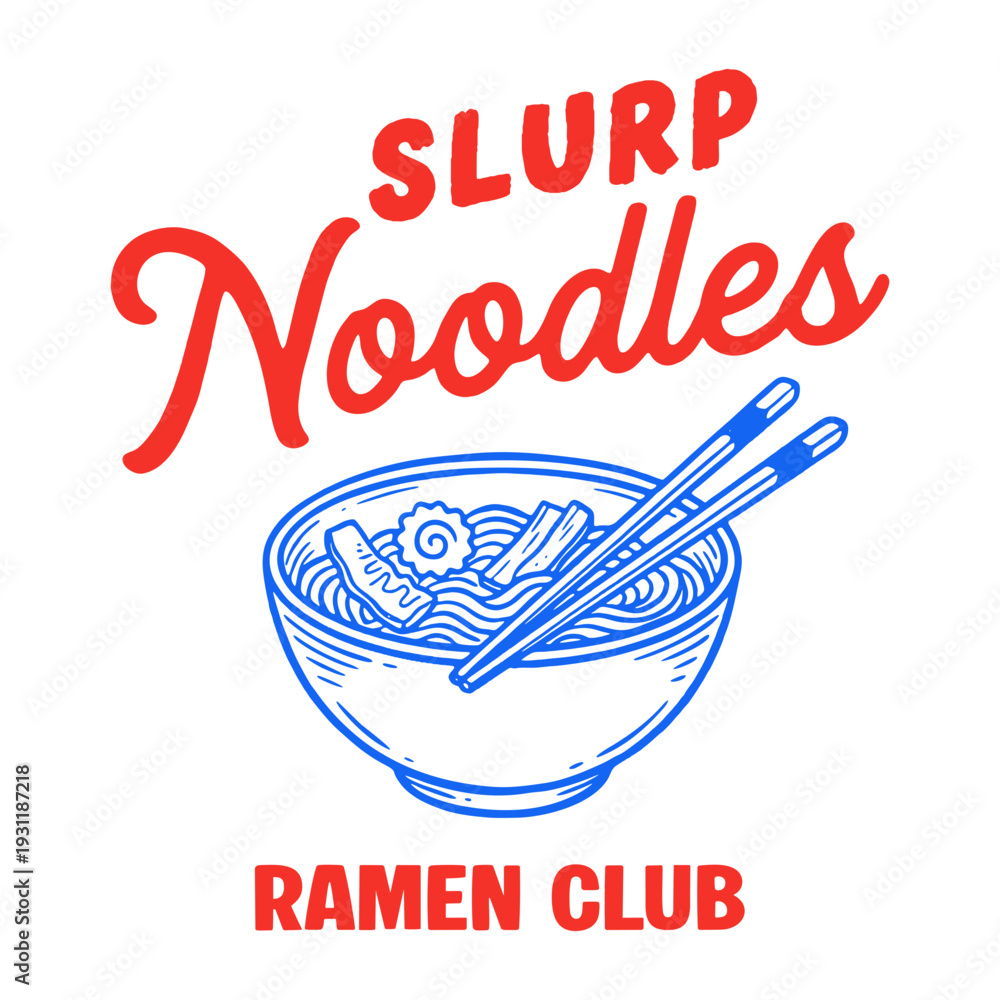 Obraz premium Minimalist vector illustration of a steaming bowl of Japanese Ramen, featuring hand-drawn blue line art and bold red typography.