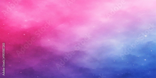 An abstract pink and blue sky atmosphere features a dark texture of clouds and smoke illuminated by sunlight and celestial stars across a purple heaven