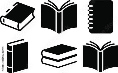 Collection of Book and Notebook Icons on White Background books open