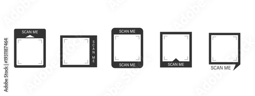 Scan me Frame. Mobile payment for retail with blank barcode. QR code shopping template. Scan sticker by phone. Click online app button in square Frame. Vector illustration.