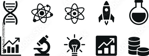 Collection of science and business icons including DNA atom rocket flask and charts Keywords: DNA helix atom rocket spaceship