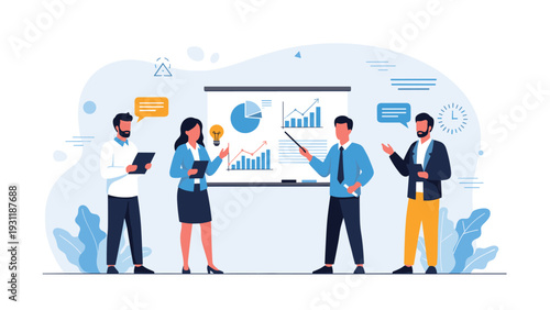 Diverse group of business colleagues in a meeting discussing data charts and statistics displayed on a whiteboard in a modern office.
