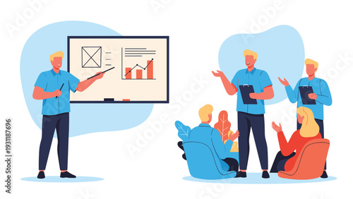 Professional speaker giving a presentation with charts on a whiteboard to a small group of colleagues sitting on the floor.