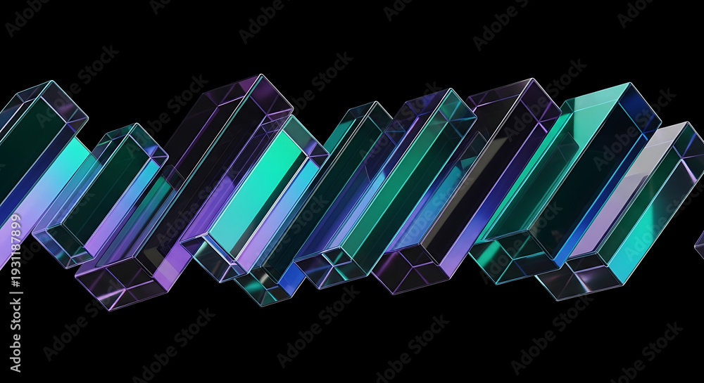 Obraz premium Crystals are arranged in a zigzag pattern with diverse colors and reflections viewed from a close-up perspective