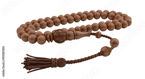 Traditional wooden prayer beads with intricate design and tassel