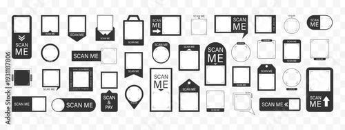 Scan me Frame. Black and white bottom. Minimal and clean layout. Modern app icon and business design. Set of Flat Vector illustration.