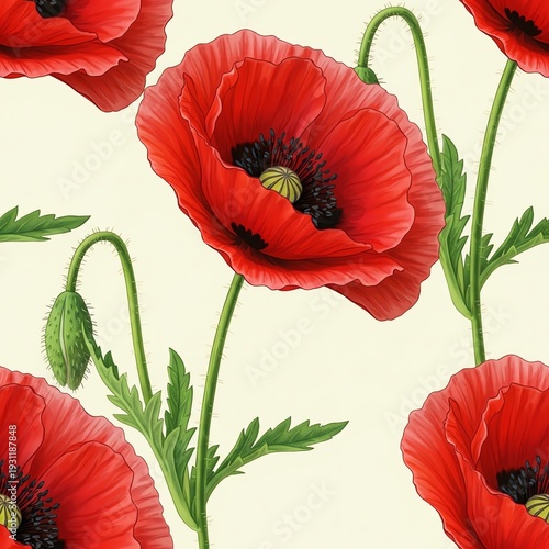 Vibrant red poppy flowers with green stems and leaves on a light beige background in a floral pattern.