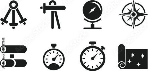 Collection of Navigation and Timekeeping Icons Including Compass and Stopwatches wind rose direction
