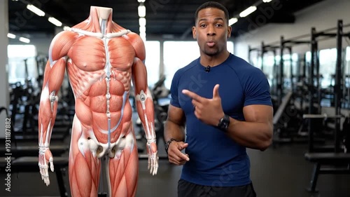Man standing next to anatomical model.