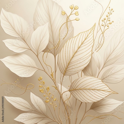 Illustration of beige leaves and golden stems with small yellow flowers against a beige background in a floral design.