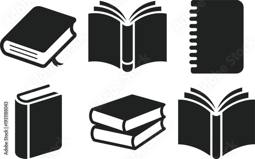 Collection of six black book icons in different styles on a white background books open book