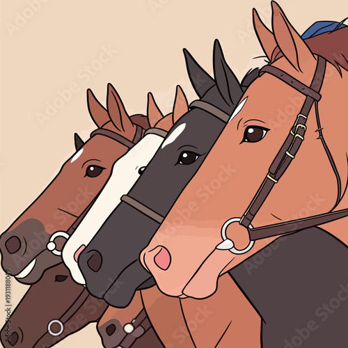 Four horses with different colors stand in a row, each wearing a bridle. They are in a riding arena at daytime, ready for training.