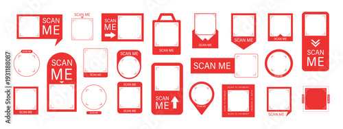 Scan me Frame. Red Blank shopping and retail sticker. Template with barcode and QR code for mobile payment. Scan by phone or click CTA button in your app now. Vector illustration.