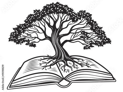 Tree growing from open book, black and white illustration silhouette