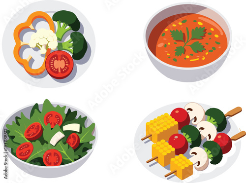 Healthy vegetarian food illustration featuring fresh sliced vegetables, tomato soup, leafy green salad, and vegetable skewers, nutritious cuisine design emphasizing wellness, balanced diet, 