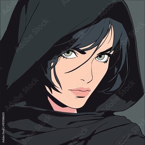 A woman with dark hair and green eyes stares directly at the viewer while wearing a black hood. The focus is on her face.