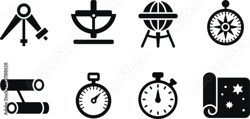 Eight black silhouette icons of navigation and timekeeping instruments divider astrolabe