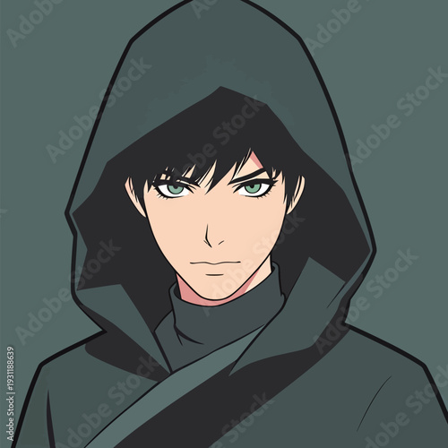 A young person is wearing a hood and looking seriously. The design shows little detail and uses simple colors.