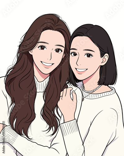 Two friends stand close together, smiling at the camera while wearing white sweaters. They enjoy a moment of friendship indoors.