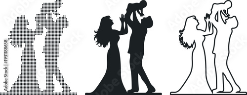 Vector silhouette of a woman and young girl dancing together in love and celebration, elegant black dress illustration of family romance and beauty