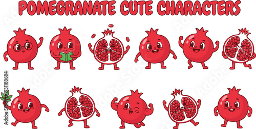 Cartoon pomegranate cute characters collection with expressive faces, playful poses, sliced fruit designs, joyful anthropomorphic fruit illustrations