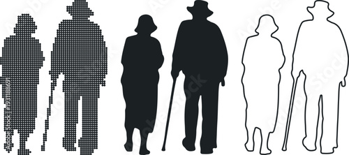 Vector silhouette illustration of families, couples, and groups of people walking and standing together