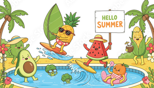Playful summer poolside party with anthropomorphic fruits and vegetables enjoying sunshine, surfing, swimming, and tropical fun in vibrant illustration
