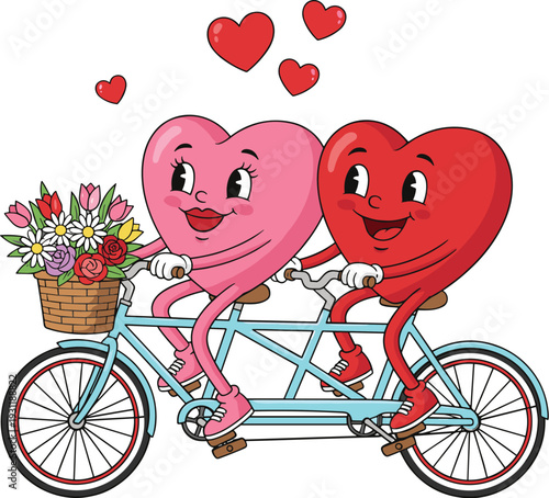 Whimsical pink and red heart characters riding tandem bicycle with flowers, floating hearts above, symbolizing love, joy, and companionship