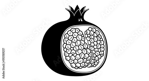 Black and White Pomegranate Half with Seeds, Fresh Fruit, Healthy Food Icon