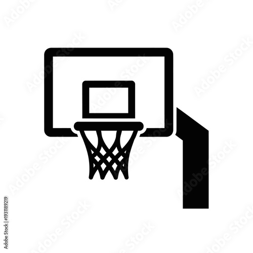 Black basketball hoop with net and backboard icon, isolated on white background.