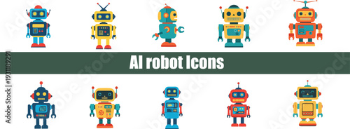 Colorful vector illustration set of retro AI robot icons featuring cute artificial intelligence machine characters