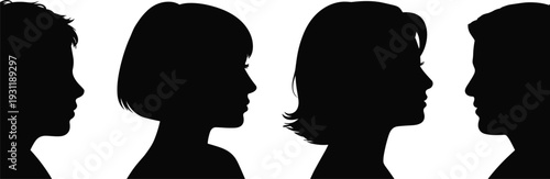 Four black silhouette profiles of diverse people on a white background faces heads