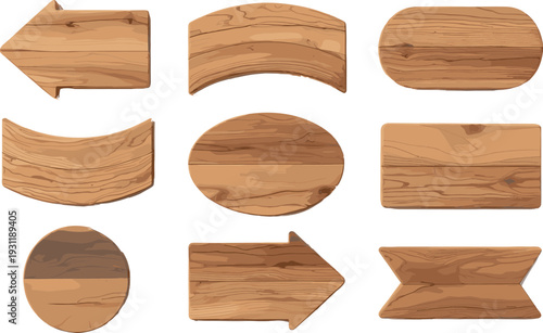 Collection of nine rustic wooden signboards with diverse shapes, arrows, circles, ovals, and textured planks for signage, decoration, design projects, and creative backgrounds