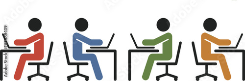 Four people in different colored shirts working on laptops at desks Keywords: people, working, laptops, computers, desks, chairs