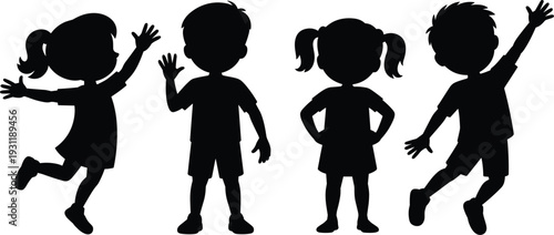 Four Silhouettes of Children in Various Poses on White Background kids black