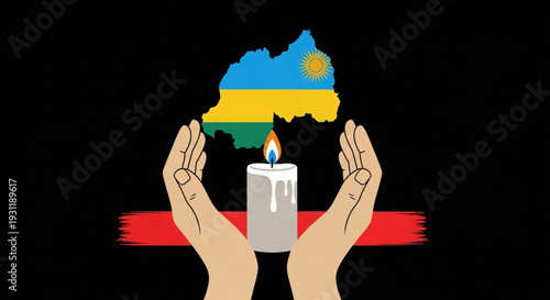 A solemn illustration portraying cupped hands holding a flickering candle against the backdrop of Rwanda's map, symbolizing remembrance, hope, and national unity in the face of profound adversity