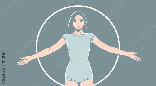 A woman with arms open stands in a basic design. She looks straight ahead as the background remains simple and light.