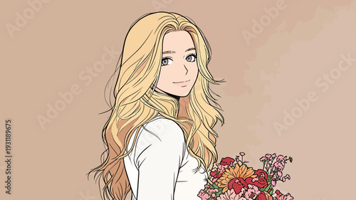 A woman with long blonde hair stands with a bouquet of colorful flowers in an indoor space. Natural light fills the area.