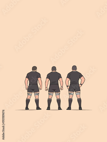 Three rugby players are positioned side by side, facing the field as they prepare for the match in a stadium setting.