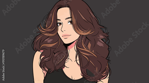 A woman with brown wavy hair looks directly at the viewer. Her hair has lighter streaks in it. She has a simple top and a neutral expression.