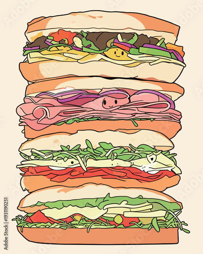 These sandwiches have layers of meats, veggies, and smiles. They are stacked high and show a mix of colors and flavors.