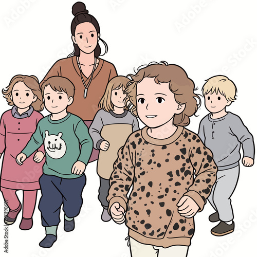 A group of children and one adult walk together in a park. They appear to enjoy the time spent in each other's company.