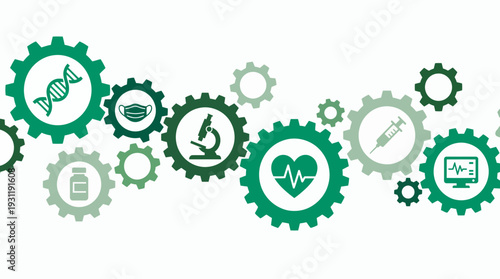 Medical icons and healthcare symbols inside green interlocking gear mechanism on white background, concept for biotechnology research, pharmaceutical industry and healthcare management