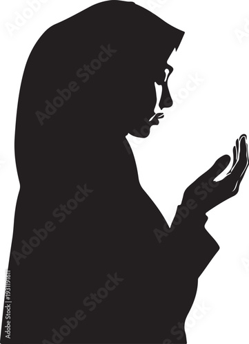 Silhouette of a muslim woman wearing a hijab while looking at her smartphone on white background
