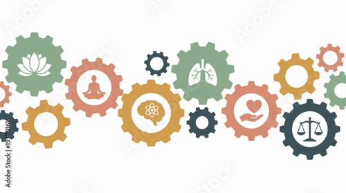 Colorful interlocking gears with icons for meditation, brain, lungs, heart and scales on white background, concept for holistic wellness, work life balance and corporate health strategy