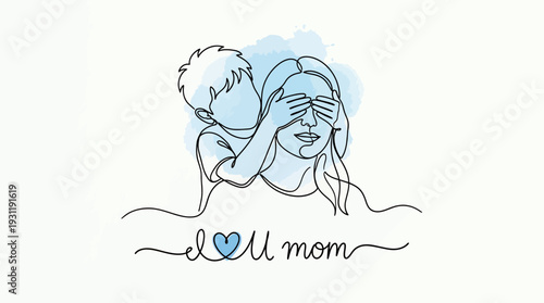 Continuous one line drawing of a son covering his mother's eyes with surprise I love U mom text, concept for Mother's Day greeting card, family celebration and appreciation poster