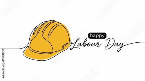 One line drawing of yellow safety helmet with happy labour day lettering on minimalist white background, concept for industrial celebration, workers day greeting and professional holiday banner