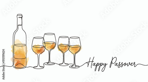 one line drawing of wine bottle and four glasses with watercolor stains and Happy Passover text on white background, concept for Jewish holiday greetings, dinner invites and religious banners