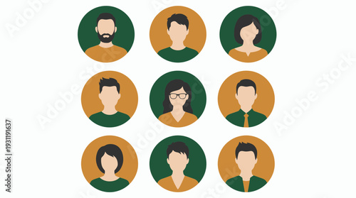 Collection of diverse professional avatar icons representing corporate employees and office staff in flat design, concept for recruitment portal, human resources and team profile page